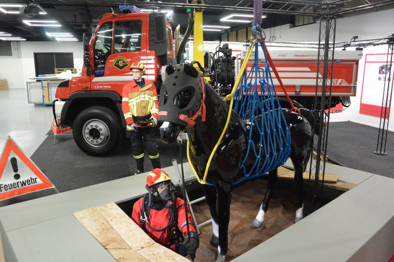 Ein Feuerwehrmann ist im vollschutzanzug in die Jauchegrube gestiegen und hat das Tierhebenetz am Pferd angebracht. Nun hebt der Kran das Pferd aus der Grube heraus.