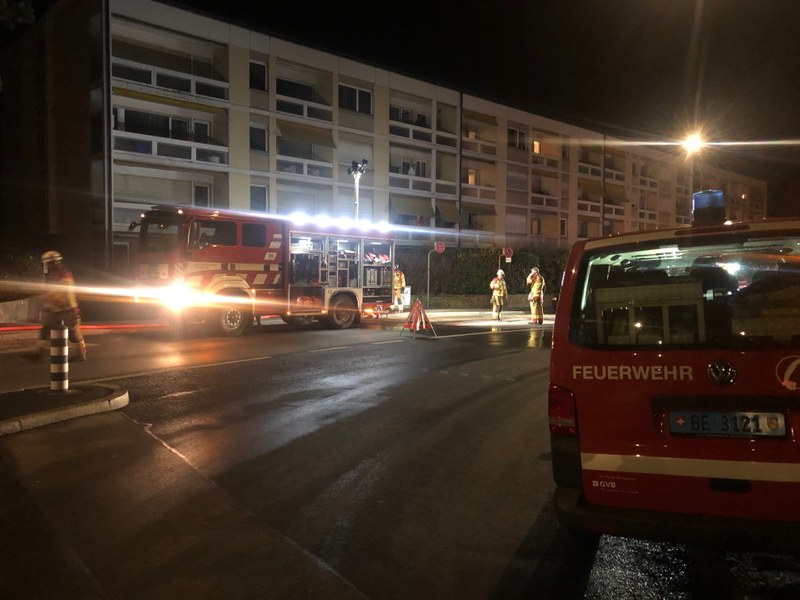 Im Vordergrund der Einsatzleitwagen der Berufsfeuerwehr, auf der anderen Strassenseite ein Tanklöschfahrzeug. Der Zugführer erteilt Anweisungen.