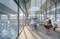 50m Schwimmhalle Eingangsbereich | von Armon Semadeni Architekten / Visualisierung: nightnurse images, Zürich