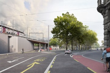 Bollwerk, Blick Richtung Reithalle/Lorrainebrücke: Bus und Velos können neu links direkt in die Neubrückstrasse abzweigen . Vergrösserte Ansicht