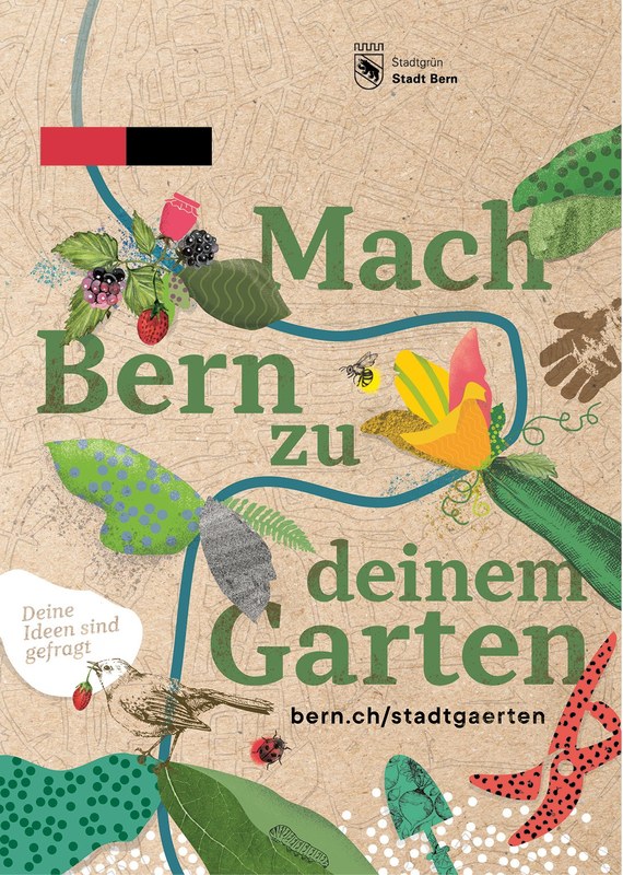 Der Flyer zeigt den Schriftzug "Mach Bern zu deinem Garten". Im Hintergrund schlängelt sich die Aareschlaufe durch ein Gemüsebeet.