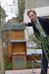 Bild 4: Bundegasse 33 Gemeinderat Alexandre Schmidt beim Bienenstock im Innenhof Hochformat