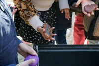 Kinder der HPS füllen den Grundstein mit bemalten Steinen (Bild Peter Brand)