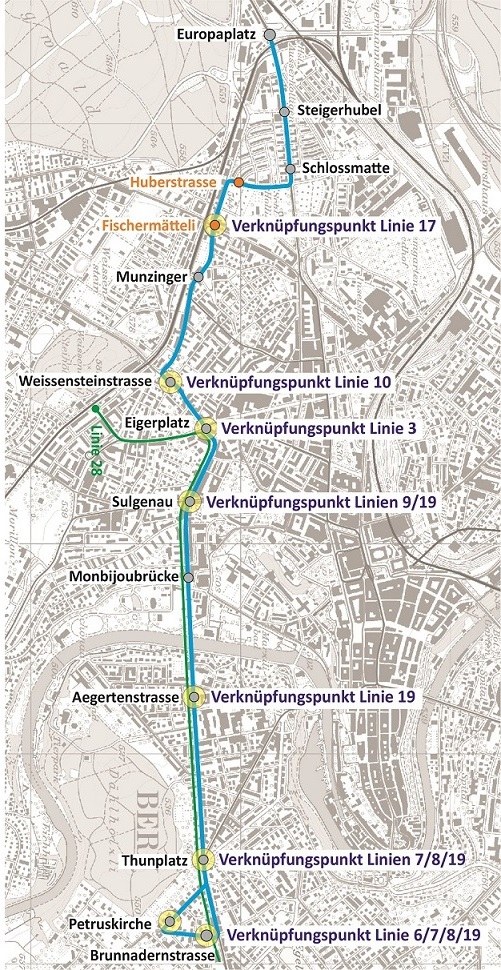 Linienführung der neuen Tangentiallinie Bern-Süd