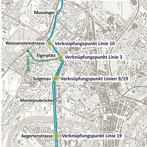 Linienführung der neuen Tangentiallinie Bern-Süd
