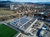 Luftbild: Schwimmhalle Neufeld, Nahaufnahme (Bild: Thomas Kaspar, Hochbau Stadt Bern)