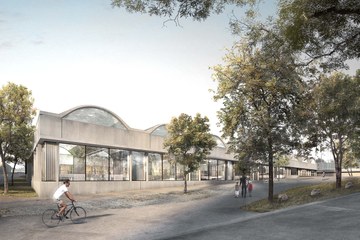 Aussenansicht der 50m-Schwimmhalle (Armon Semadeni Architekten / Visualisierung: nightnurse images, Zürich). Vergrösserte Ansicht