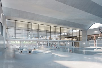 Innenansicht der 50m-Schwimmhalle (Armon Semadeni Architekten / Visualisierung: nightnurse images, Zürich). Vergrösserte Ansicht