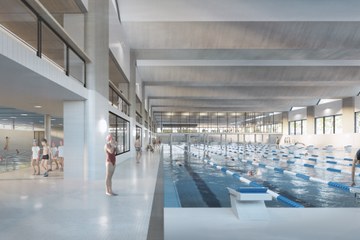 Aussenansicht der 50m-Schwimmhalle (Armon Semadeni Architekten / Visualisierung: nightnurse images, Zürich). Vergrösserte Ansicht