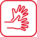 Logo für Gebärdensprache: Rote gebärdende Hände vor weissem Hintergrund