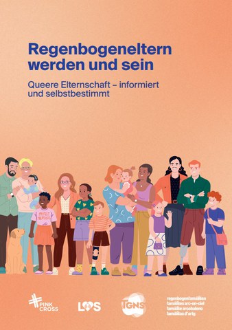 Titelseite der Broschüre Regenbogenfamilie. Ein Farbenfoto mit zwei Frauen und zwei kleinen Kindern