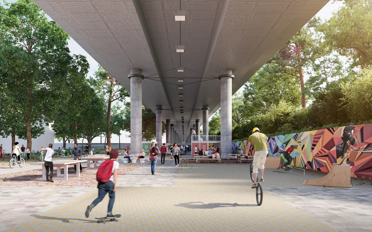 Visualisierung des Raumes unter dem Autobahnviadukt, der künftig zum öffentlichen Raum wird.