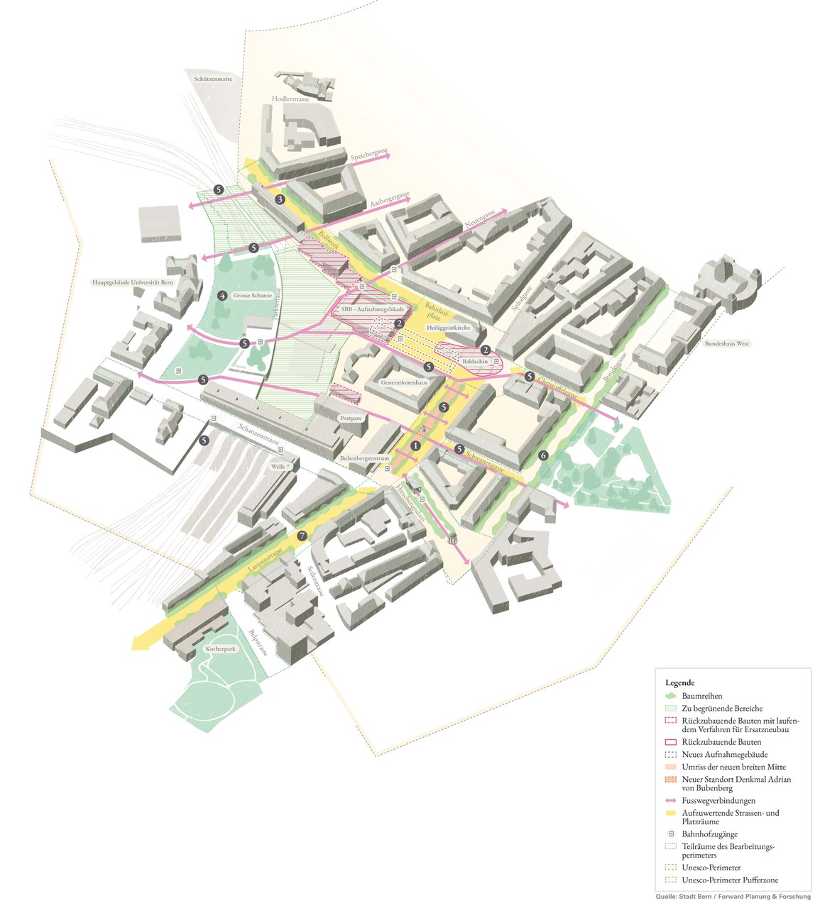 Plan mit Zukunftsbild für den Stadtraum Bahnhof Bern ab 2035