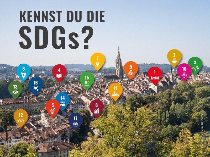 Bild der Stadt Bern mit kleinen SDG Fahnen