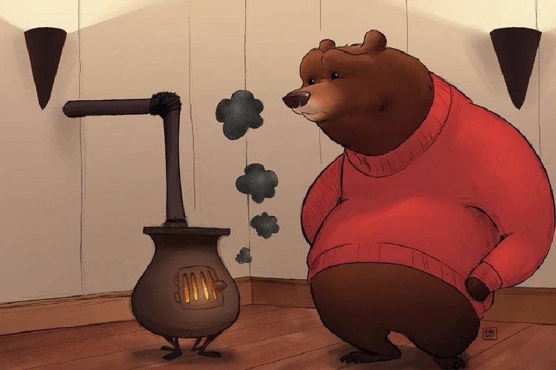 Zeichnung: Bär wärmt sich an einem Ofen