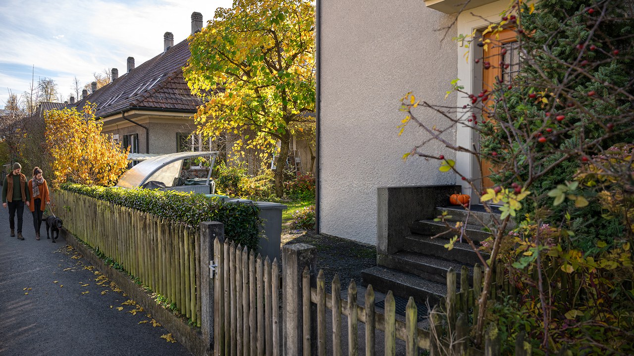 Reiheneinfamilienhäuser mit dem Vorgarten und der Strasse. Im Vorgarten stehen halb versteckt hinter einer Hecke Container.