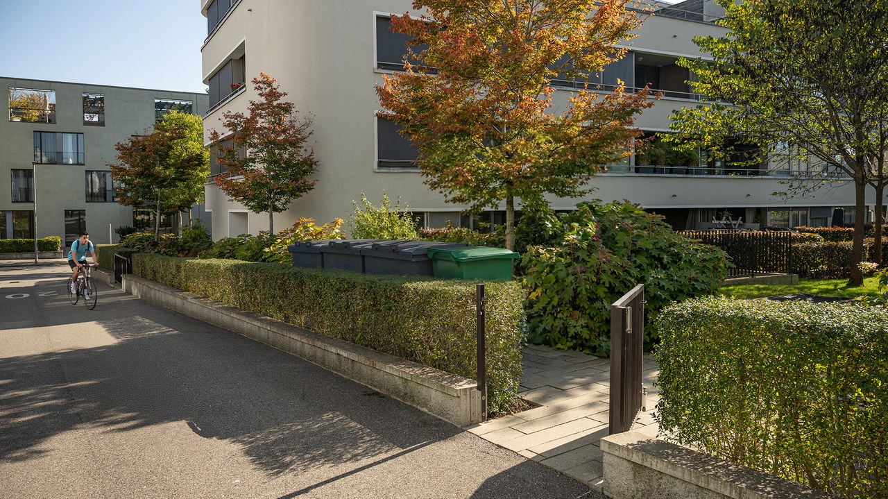 Wohnblock in Quartier, Container halb hinter Hecke versteckt, Strasse mit einem Velofahrer