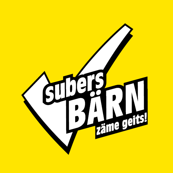 Logo von Subers Bärn: Weisses Gutzeichen und Schriftzug auf gelbem Hintergrund
