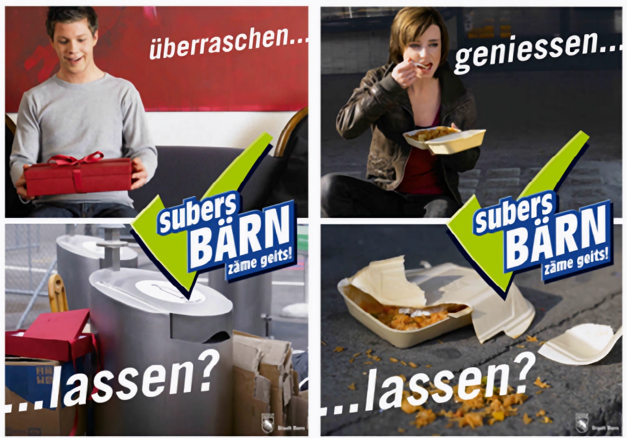 Plakate von Subers Bärn. Wer geniessen will, muss auch richtig entsorgen können.