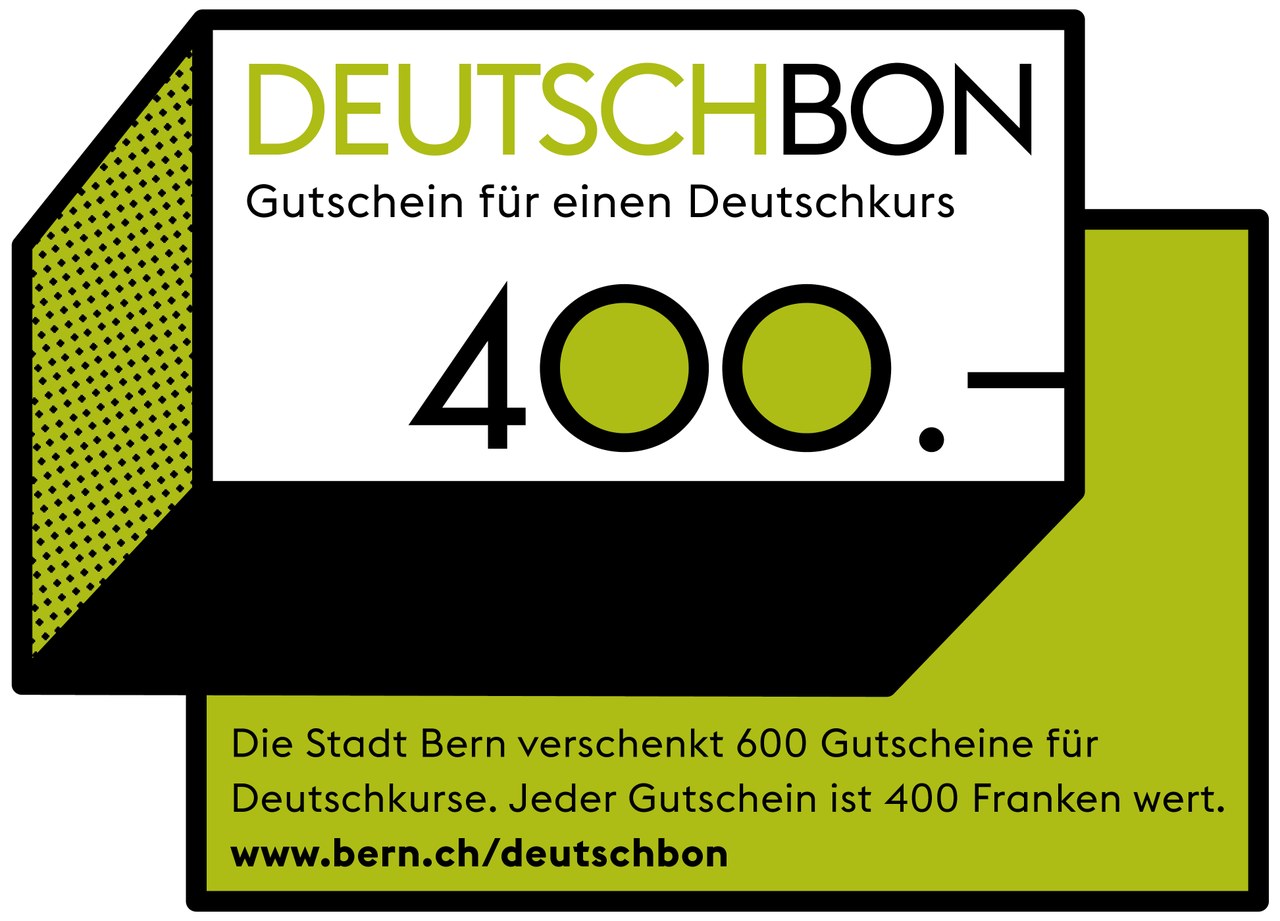 DeutschBon-Logo und Wiederholung Grundinformationen Verweis auf www.bern.ch/deutschbon