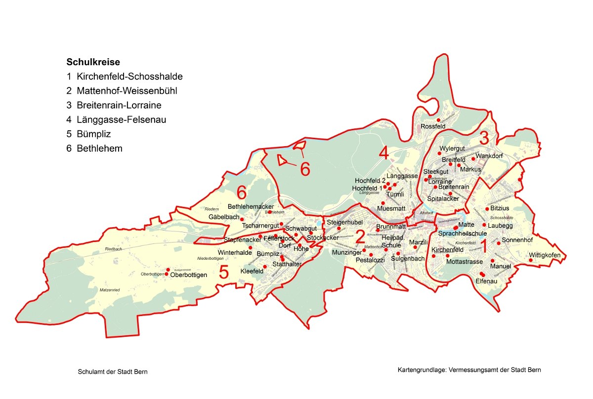 Auf dem Bild sind die Schulkreise auf der Karte der Stadt Bern eingezeichnet und nummeriert