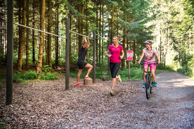 Drei Personen trainieren auf dem BärnParcours