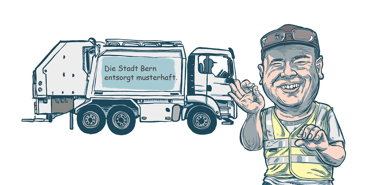 Zeichnung: Kehrichtwagen und Mitarbeiter von Entsorgung und Recycling.