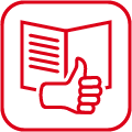 Logo für Leichte Sprache in Rot und Weiss: Daumen nach oben vor einem beschriebenem Dokument.