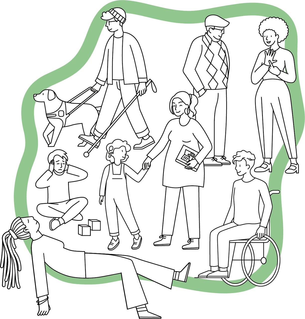 Darstellung des Inklusionskreises: Ein grüner Kreis mit unregelmässiger Form, der verschiedenste Menschen mit und ohne Behinderungen enthält