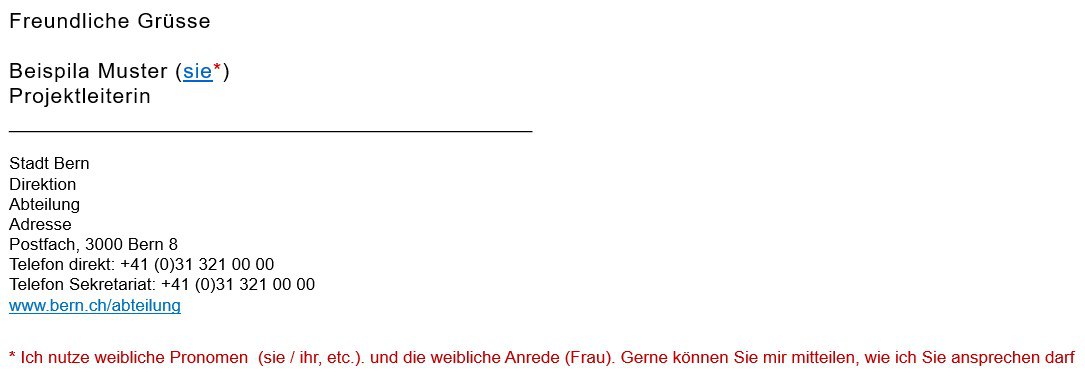Beispiel einer Mailsignatur mit Angabe Pronomen und Zusatztext