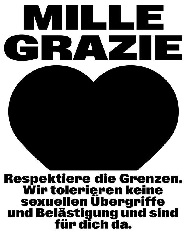 Logo Mille Grazie: Schwarzes Herz, darüber steht «Mille Grazie». Unter dem Herz steht: «Respektiere die Grenzen. Wir tolerieren keine sexuellen Übergriffe und Belästigungen und sind für dich da.»