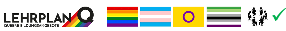 Bild mit Logo Lehrplan Q und vier queere Flaggen