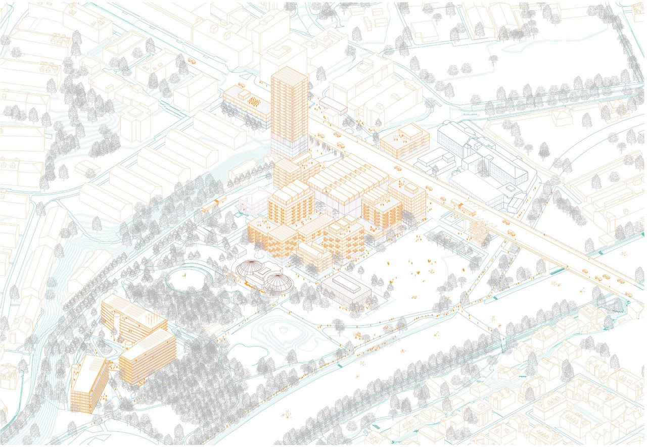 Die Visualisierung der Projektidee "Downtown Gastown" zeigt, wie sich das Gaswerkareal künftig präsentieren könnte: Entlang der Brücke und im Südöstlichen Bereich des Areal stehen mehrgeschossige Gebäude, in den übrigen Bereichen dominieren grosszügige Frei- und Grünräume das Bild.