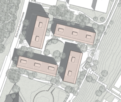 Das Bild zeigt einen Situationsplan. Die vier Gebäude bilden einen zentralen Hof.