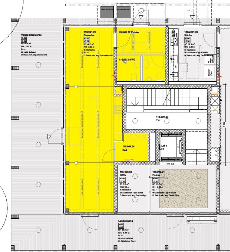 Das Bild zeigt einen Grundriss des Gewerberaum an der Reichenbachstrasse 118 (Haus 1)