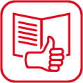 Piktogramm für Leichte Sprache (in Rot): Vor einem Buch zeigt ein Daumen nach oben