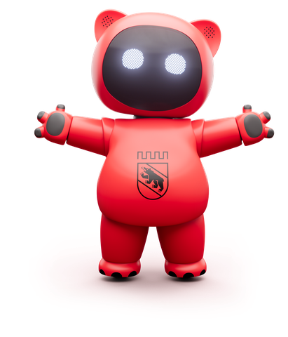 Der Digibär: ein gezeichneter roter Bär mit dem Wappen der Stadt Bern auf dem Bauch.