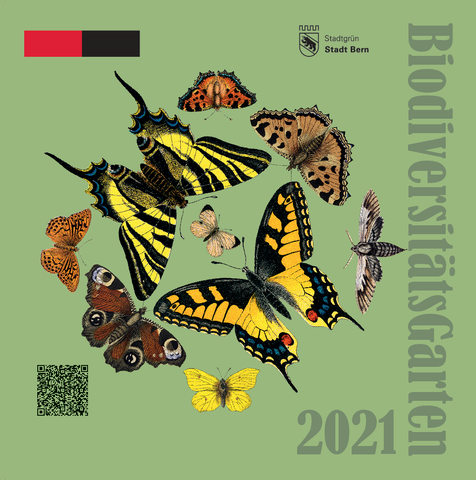 Auszeichnung BiodiversitätsGarten mit Schmetterlinge und das Logo von Stadtgrün Bern