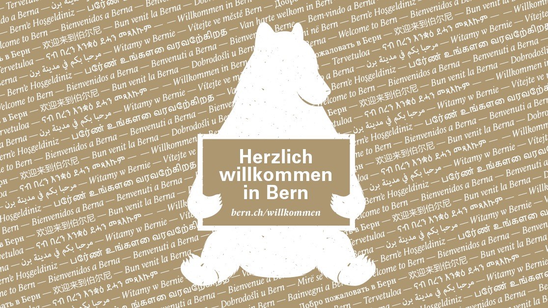 Skizzenbär mit Schild Willkommen in Bern.